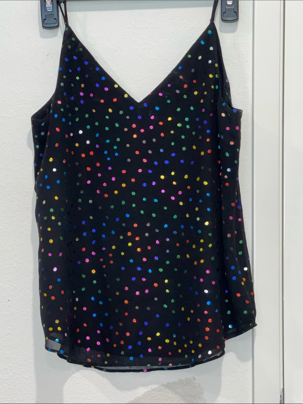 Classic V-Neck Spaghetti Strap Tank — Black with Multicolor Polka Dots